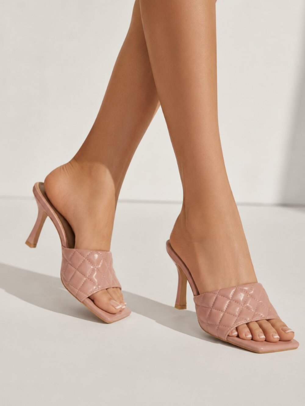Women's Blush Pink Quilted Mule Heels, 7.5